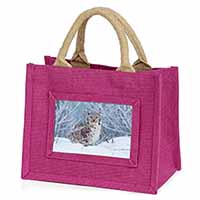 Wild Lynx in Snow Little Girls Small Pink Jute Shopping Bag