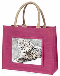 Snow Fall Leopard Large Pink Jute Shopping Bag