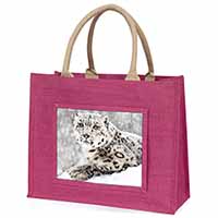 Snow Fall Leopard Large Pink Jute Shopping Bag
