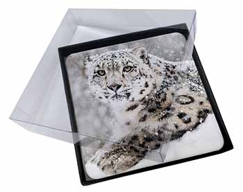 4x Snow Fall Leopard Picture Table Coasters Set in Gift Box