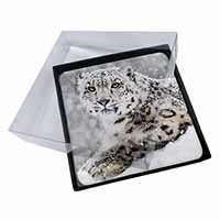 4x Snow Fall Leopard Picture Table Coasters Set in Gift Box