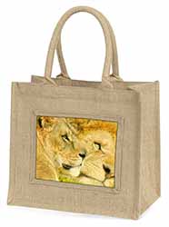 Lions in Love Natural/Beige Jute Large Shopping Bag