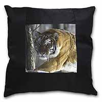 Tiger in Snow Black Satin Feel Scatter Cushion