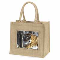 Tiger in Snow Natural/Beige Jute Large Shopping Bag
