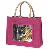 Tiger in Snow Large Pink Jute Shopping Bag