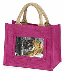 Tiger in Snow Little Girls Small Pink Jute Shopping Bag