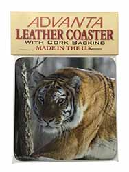 Tiger in Snow Single Leather Photo Coaster