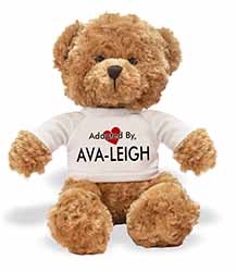 Adopted By AVA-LEIGH Teddy Bear Wearing a Personalised Name T-Shirt