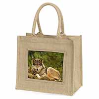 A Beautiful Wolf Natural/Beige Jute Large Shopping Bag