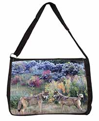 Wolves Print Large Black Laptop Shoulder Bag School/College