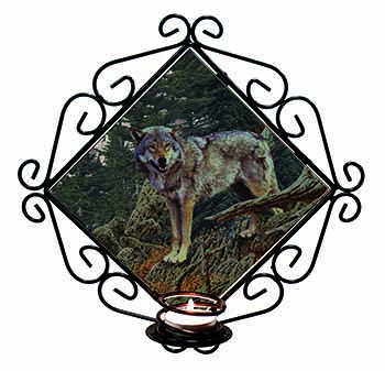 Mountain Wolf Wrought Iron Wall Art Candle Holder