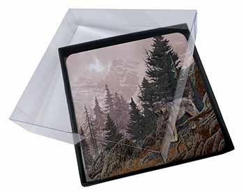 4x Mountain Wolf Picture Table Coasters Set in Gift Box