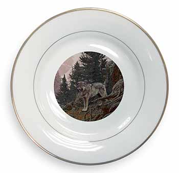 Mountain Wolf Gold Rim Plate Printed Full Colour in Gift Box