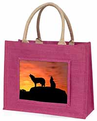 Sunset Wolves Large Pink Jute Shopping Bag