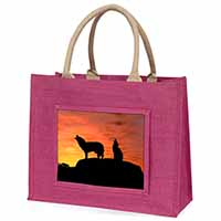 Sunset Wolves Large Pink Jute Shopping Bag