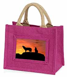 Sunset Wolves Little Girls Small Pink Jute Shopping Bag