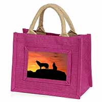 Sunset Wolves Little Girls Small Pink Jute Shopping Bag