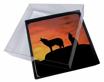 4x Sunset Wolves Picture Table Coasters Set in Gift Box