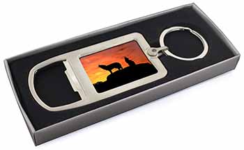 Sunset Wolves Chrome Metal Bottle Opener Keyring in Box