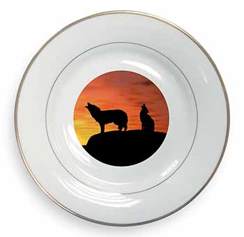 Sunset Wolves Gold Rim Plate Printed Full Colour in Gift Box