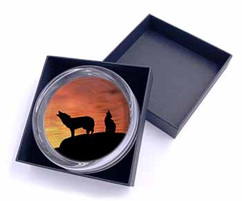 Sunset Wolves Glass Paperweight in Gift Box