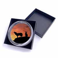 Sunset Wolves Glass Paperweight in Gift Box