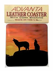 Sunset Wolves Single Leather Photo Coaster