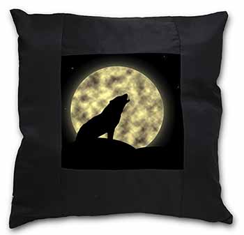 Howling Wolf and Moon Black Satin Feel Scatter Cushion