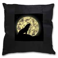 Howling Wolf and Moon Black Satin Feel Scatter Cushion
