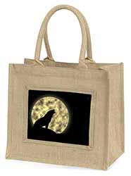 Howling Wolf and Moon Natural/Beige Jute Large Shopping Bag