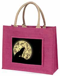 Howling Wolf and Moon Large Pink Jute Shopping Bag