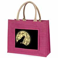 Howling Wolf and Moon Large Pink Jute Shopping Bag
