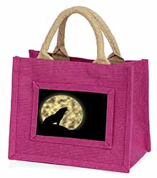 Howling Wolf and Moon Little Girls Small Pink Jute Shopping Bag