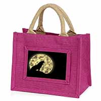 Howling Wolf and Moon Little Girls Small Pink Jute Shopping Bag