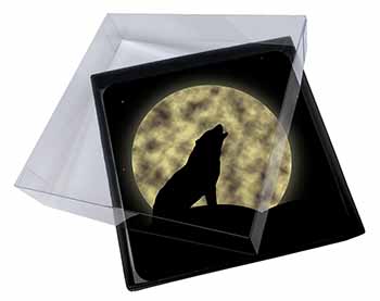 4x Howling Wolf and Moon Picture Table Coasters Set in Gift Box