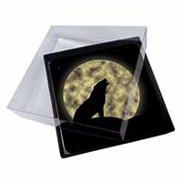 4x Howling Wolf and Moon Picture Table Coasters Set in Gift Box