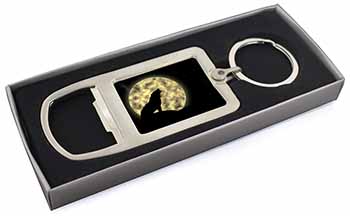 Howling Wolf and Moon Chrome Metal Bottle Opener Keyring in Box