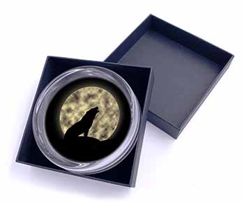 Howling Wolf and Moon Glass Paperweight in Gift Box
