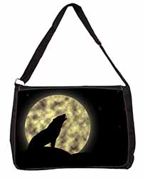 Howling Wolf and Moon Large Black Laptop Shoulder Bag School/College