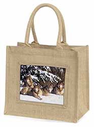 Wolves in Snow Natural/Beige Jute Large Shopping Bag