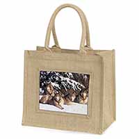 Wolves in Snow Natural/Beige Jute Large Shopping Bag