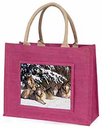 Wolves in Snow Large Pink Jute Shopping Bag