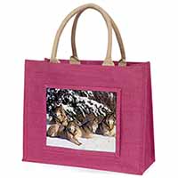 Wolves in Snow Large Pink Jute Shopping Bag