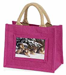 Wolves in Snow Little Girls Small Pink Jute Shopping Bag