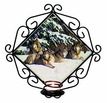 Wolves in Snow Wrought Iron Wall Art Candle Holder