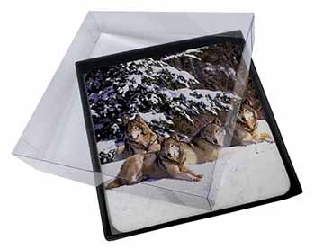 4x Wolves in Snow Picture Table Coasters Set in Gift Box