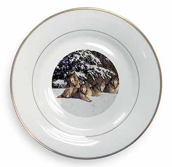 Wolves in Snow Gold Rim Plate Printed Full Colour in Gift Box