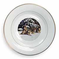 Wolves in Snow Gold Rim Plate Printed Full Colour in Gift Box