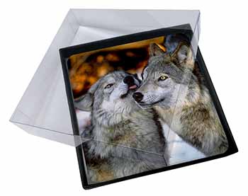 4x Wolves  in Love Picture Table Coasters Set in Gift Box