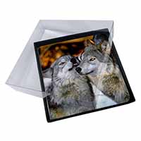 4x Wolves  in Love Picture Table Coasters Set in Gift Box